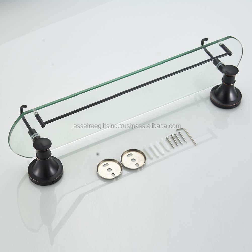 24 Inch Glass Shelf With Rail & Hooks For Bathroom - Oil Rubbed Bronze Rectangular Shower Shelf Wall Mounted