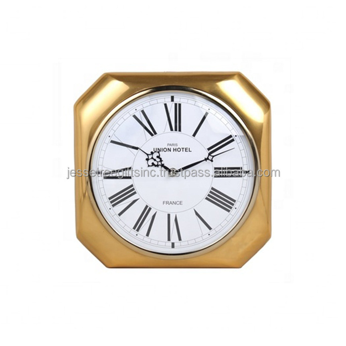 Handmade Metal Analog Wall Clock With Gold Plating Finishing Octagonal Shape Simple Design Premium Quality For Home Decoration