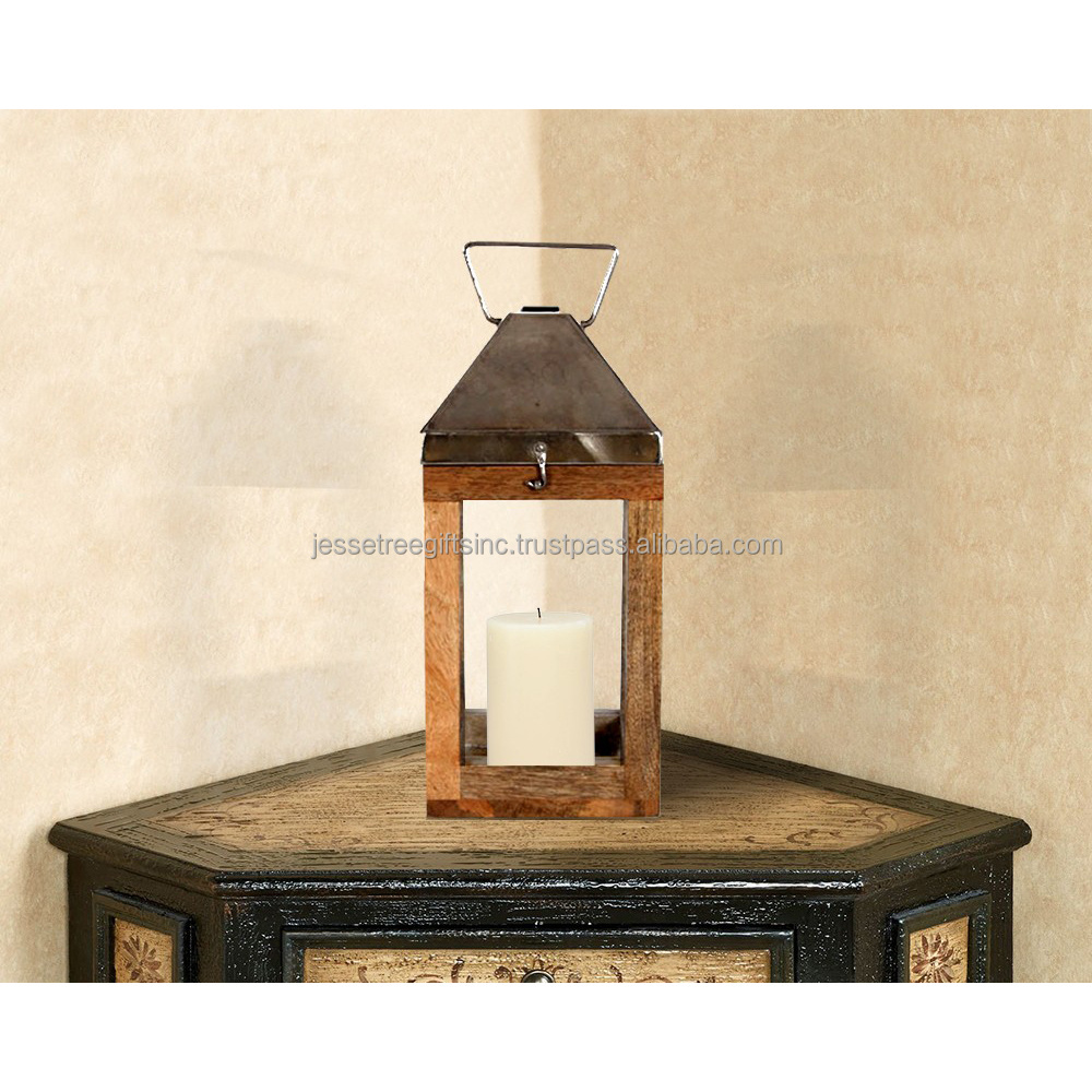 Wood & Metal Small Lantern With Clear Glass & Wood Polish Finishing Square Shape Simple Design With Handle For Home Decoration