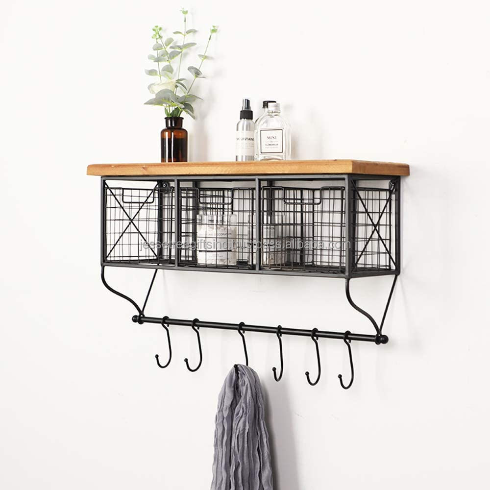 Metal Wire Wall Hanging Shelf With Hooks Black Powder Coating Finishing Rectangle Shape Best Quality Wooden Top For Storage