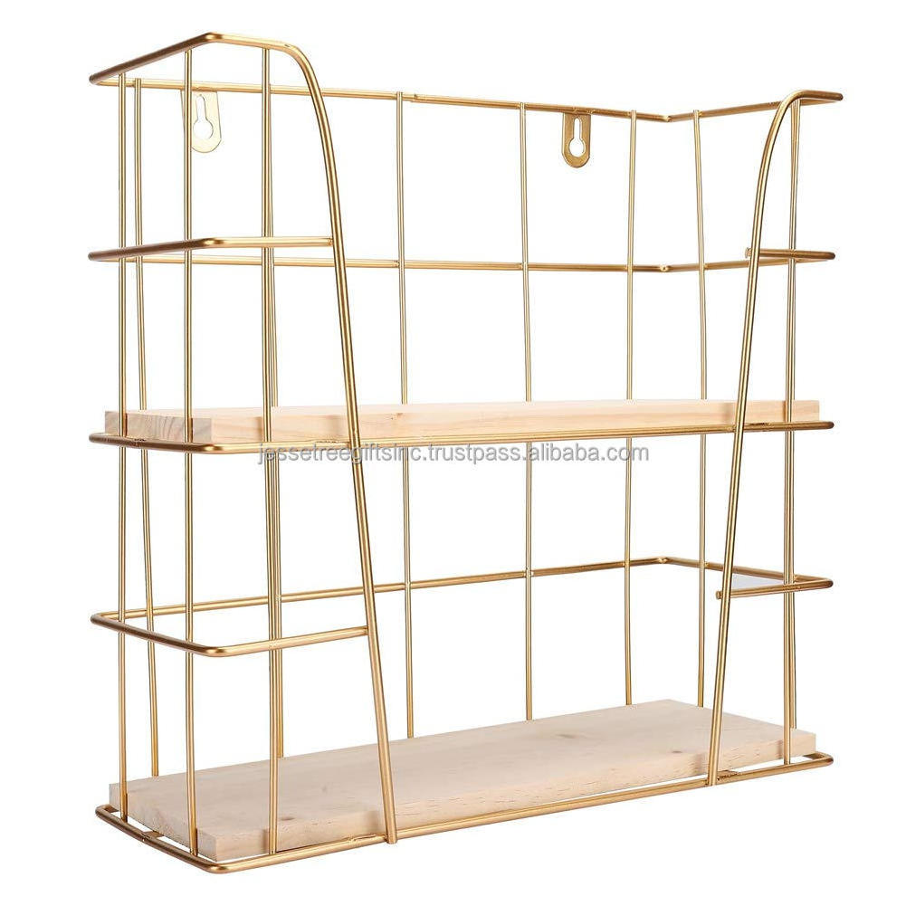 Metal Wire Wall Hanging Rack With Gold Powder Coating Finishing Square Shape Good Quality With Two Wooden Tier For Storage