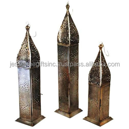 Metal Sheet Moroccan Hanging Lantern Set Of Three With Steel Polish Finishing Square Shape Flower Design For Home Decoration