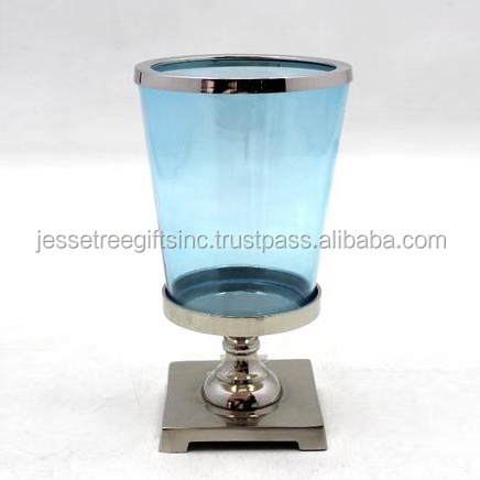 Blue Glass Candle Stand With Metal Base & Metal Ring Nickel Plating Finishing Round Shape Square Base For Home Decoration