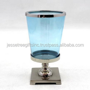 Blue Glass Candle Stand With Metal Base & Metal Ring Nickel Plating Finishing Round Shape Square Base For Home Decoration