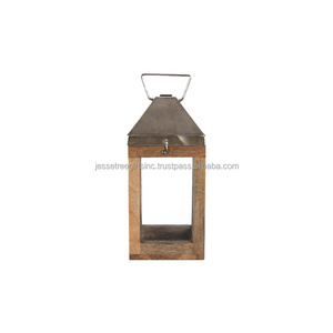 Wood & Metal Small Lantern With Clear Glass & Wood Polish Finishing Square Shape Simple Design With Handle For Home Decoration