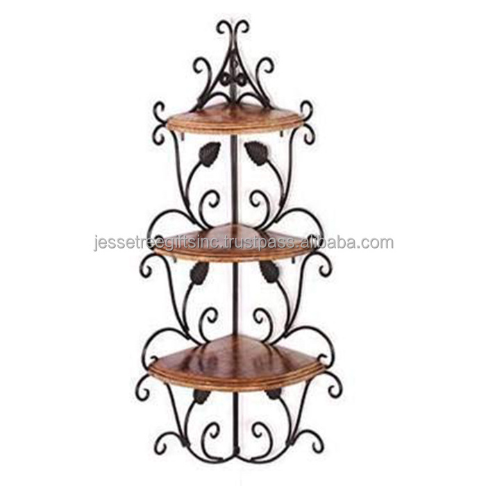 Stylish Metal Wire Wall Mounted Corner Shelf With Black Powder Coating Finishing Leaves Design Three Wooden Tiers For Storage