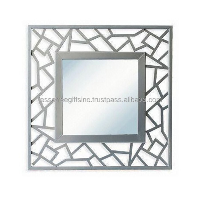 Metal Wall Mounted Mirror With Silver Powder Coating Finishing Square Shape Perforated Design For Home & Living Room Decoration