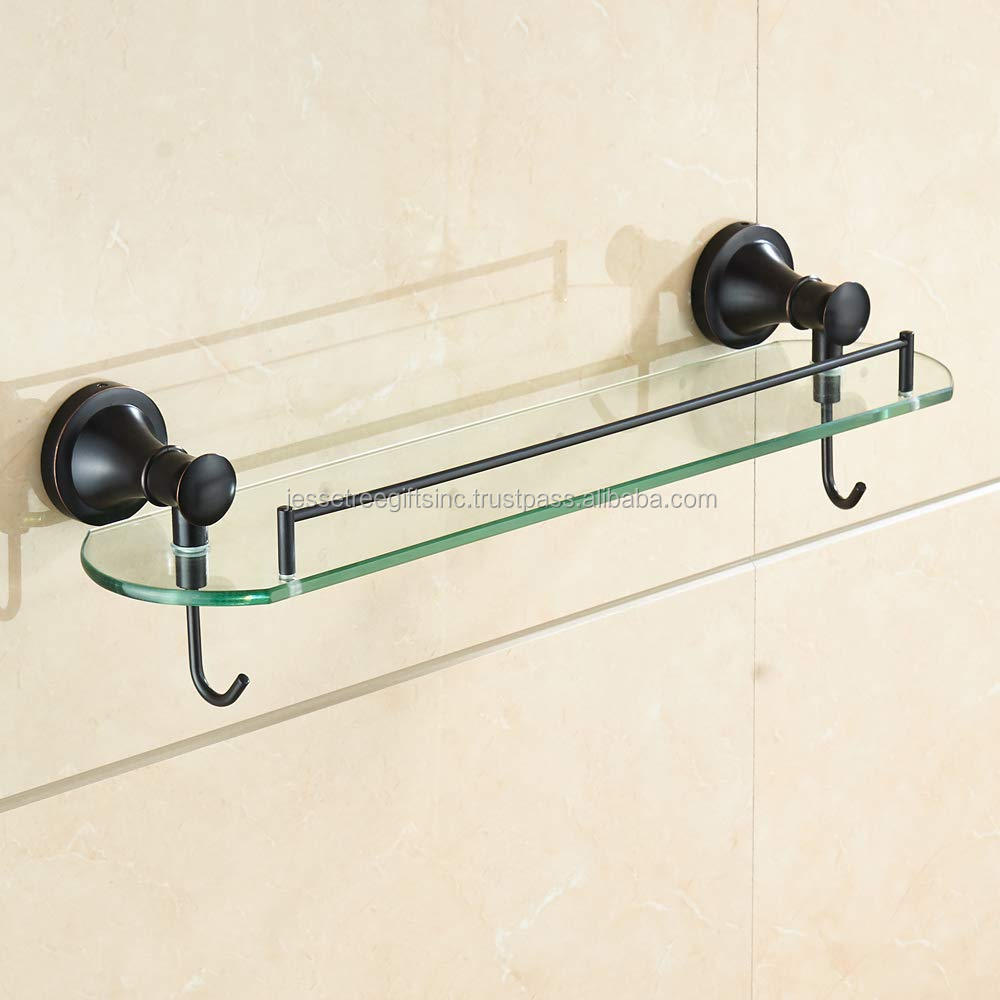 24 Inch Glass Shelf With Rail & Hooks For Bathroom - Oil Rubbed Bronze Rectangular Shower Shelf Wall Mounted