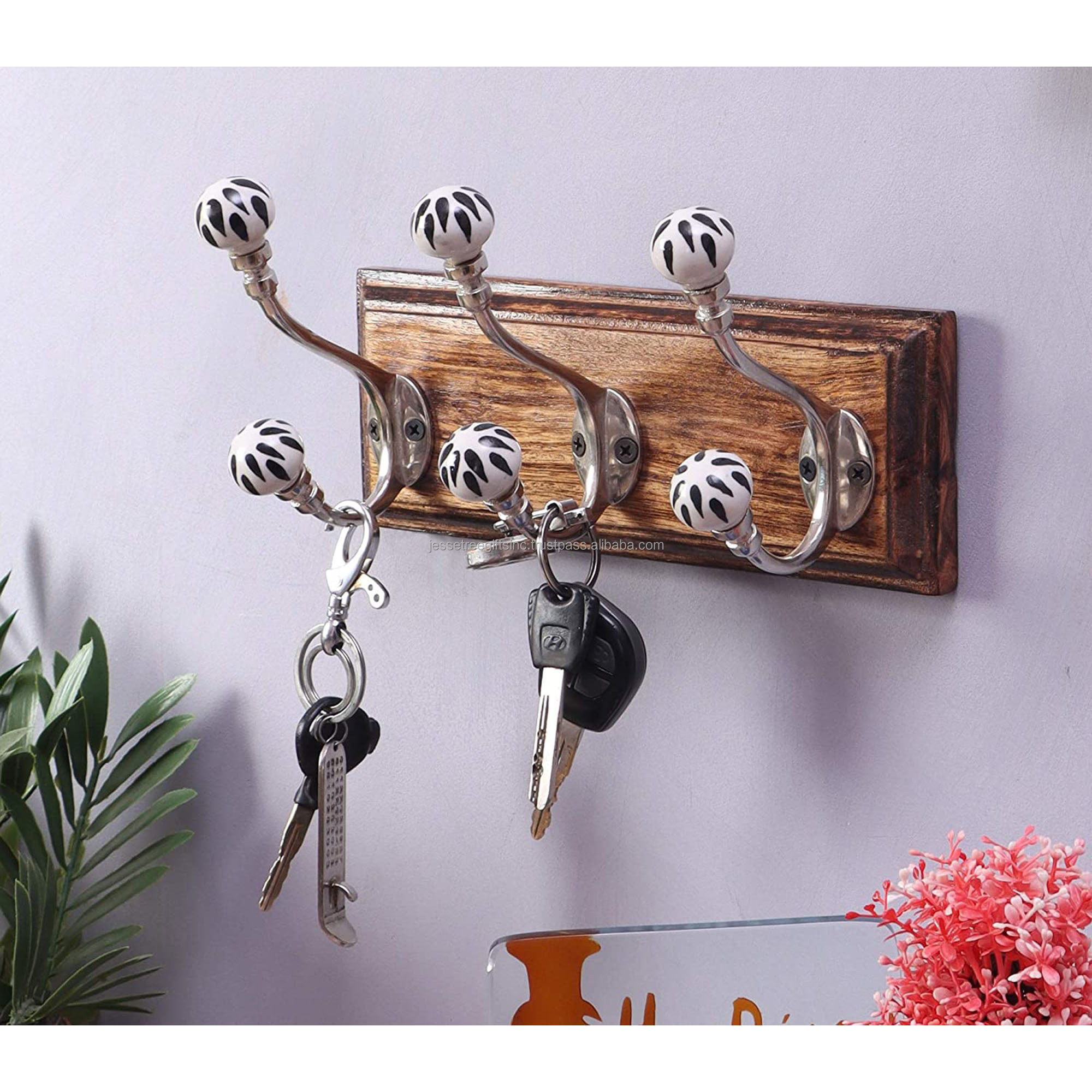 Wood & Iron Wall Mounted Hook With Natural Wood Polish Finishing & Silver Hooks Premium Quality For Home Decoration