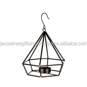 Metal Wire Hanging Votive Holder With Black Powder Coating Finishing Hexagonal Shape Diamond Design For Home Decoration