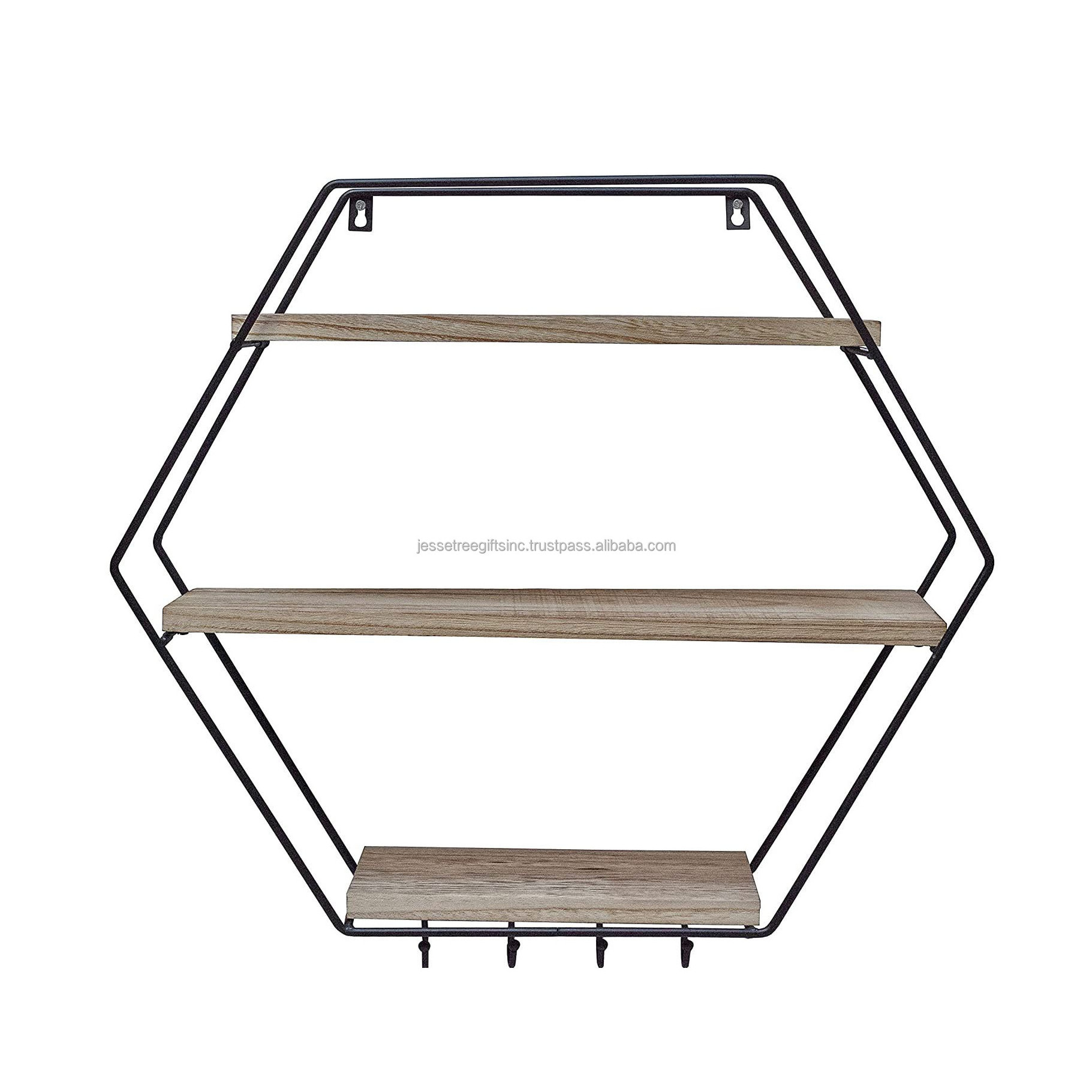 Metal Wire Wall Shelf Three Wooden Tiers With Black Powder Coating Finishing Hexagonal Shape High Quality For Storage