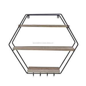 Metal Wire Wall Shelf Three Wooden Tiers With Black Powder Coating Finishing Hexagonal Shape High Quality For Storage