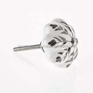 Metal & White Stone Cabinet Pull Drawer Knobs With Nickel Plating Finishing Floral Design Round Shape For Drawer & Wardrobe