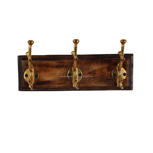 Wood & Iron Wall Mounted Hook With Natural Wood & Gold Plating Finishing Decorative Hanger Good Quality For Home Decoration