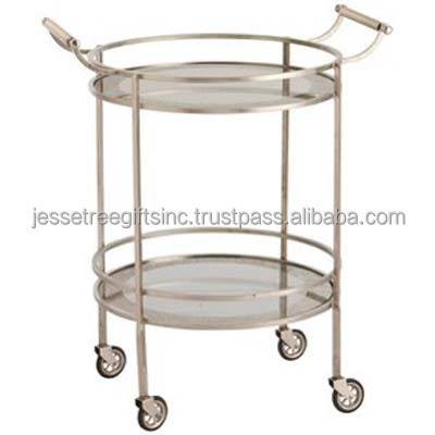 Metal Three Wheels Bar Cart With Gold Plating Finishing Oval Shape Genuine Quality Black Glass Two Tier For Serving