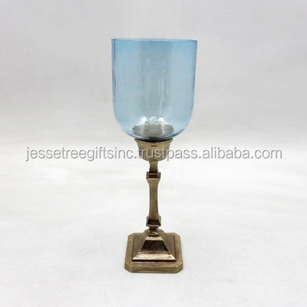 Blue Glass Candle Stand With Metal Base & Metal Ring Nickel Plating Finishing Round Shape Square Base For Home Decoration