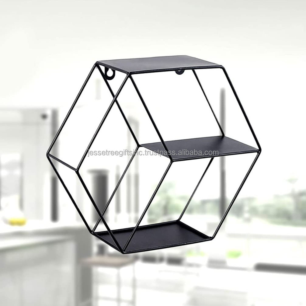 Metal Wire & Sheet Wall Shelf With Gold Powder Coating Finishing Hexagonal Shape Excellent Quality Three Tier For Storage