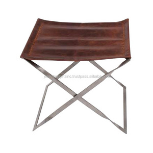 Stainless Steel & Leather Folding Stool With Shiny Polish & Brown Finishing Square Shape For Sitting Outdoor & Indoor Use