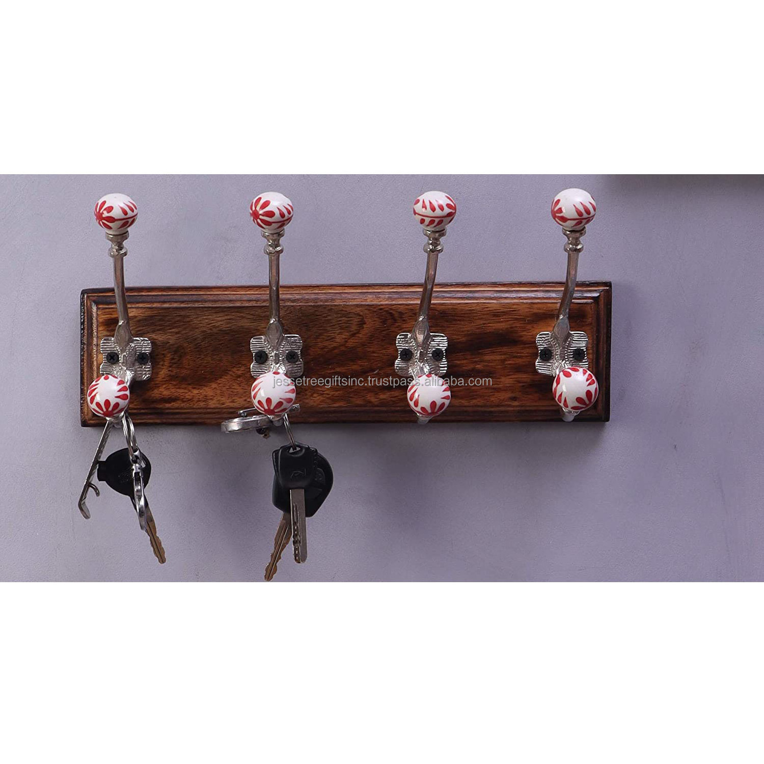 Wood & Iron Wall Mounted Hook With Natural Wood Polish Finishing & Silver Hooks Premium Quality For Home Decoration