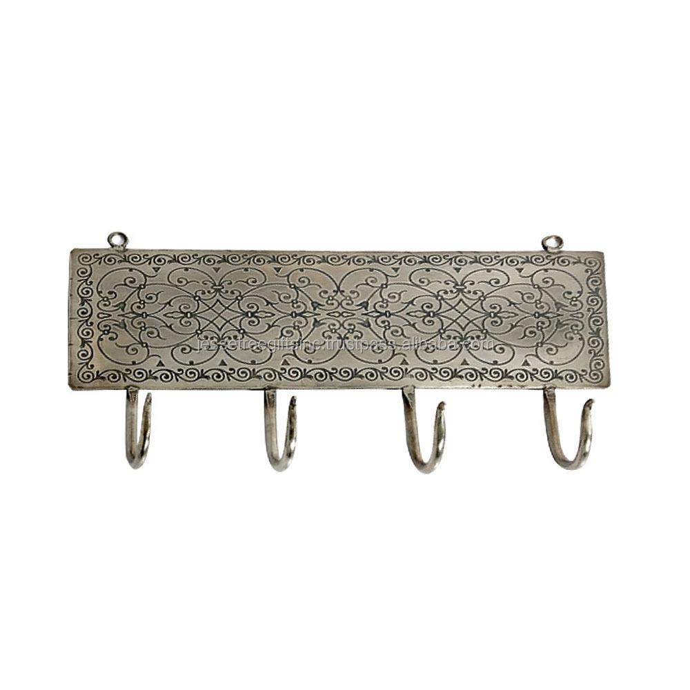 Metal Sheet Wall Mounted Hanger Hook With Antique Silver Finishing Engraved Design Premium Quality For Home Decoration