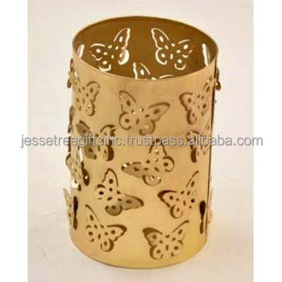 Metal Sheet Votive Candle Holder With Gold Powder Coating Finishing Round Shape Butterflies Design For Home Decoration