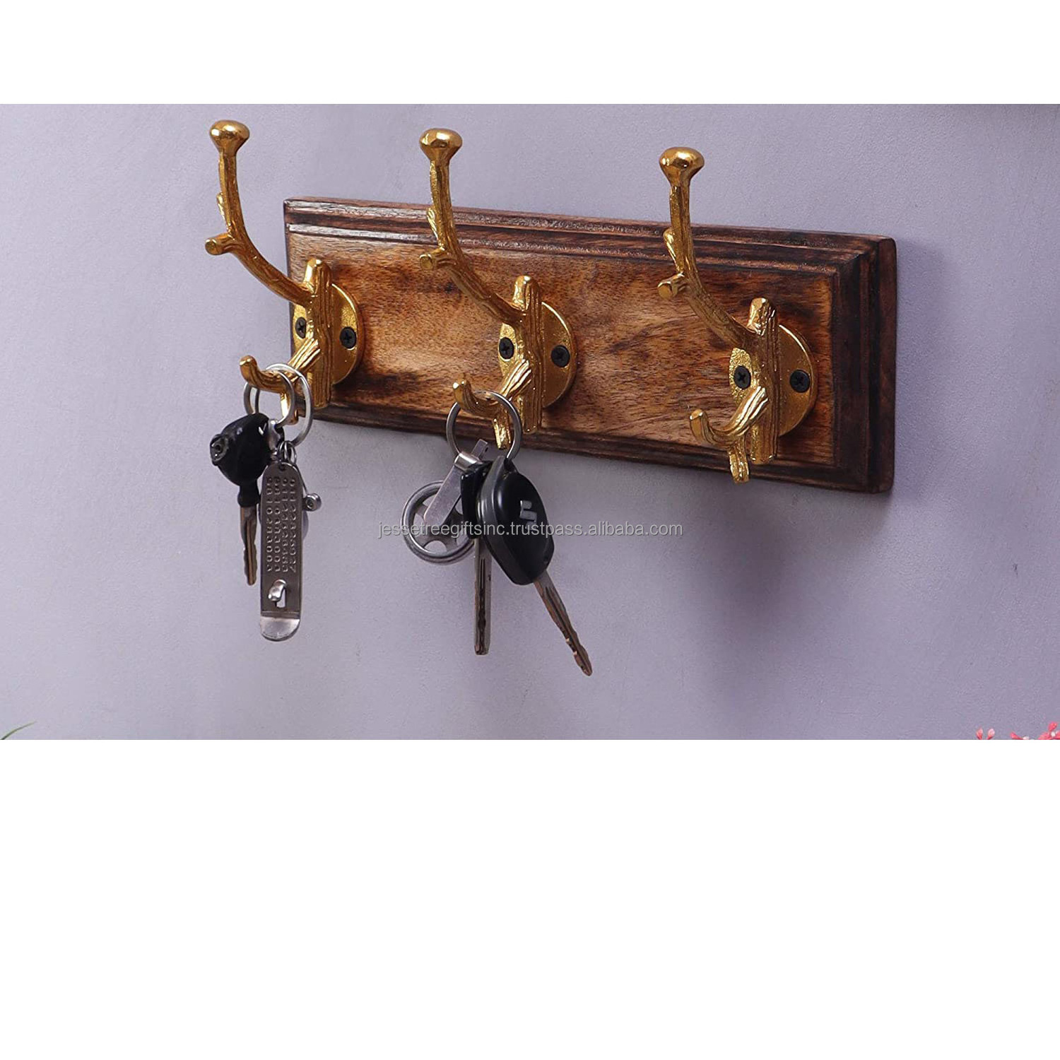 Wood & Iron Wall Mounted Hook With Natural Wood & Gold Plating Finishing Decorative Hanger Good Quality For Home Decoration