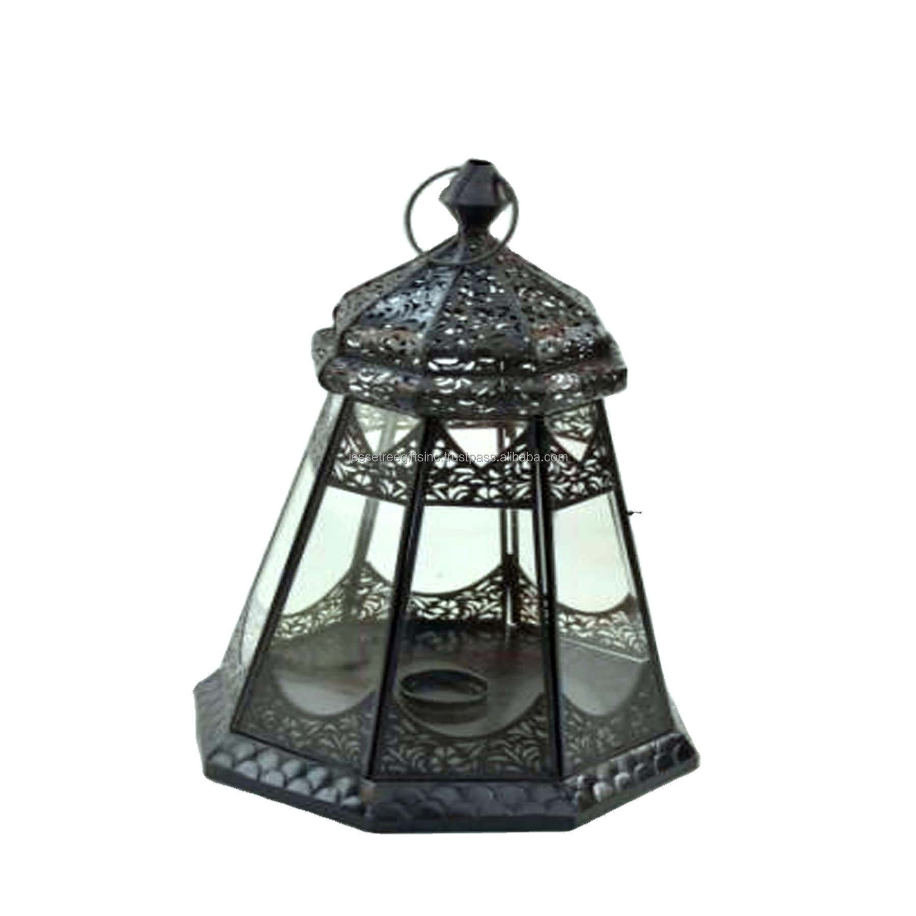 Metal & Glass Hanging Moroccan Lantern With Black Powder Coating Finishing Octagonal Shape Modern Design For Home Decoration