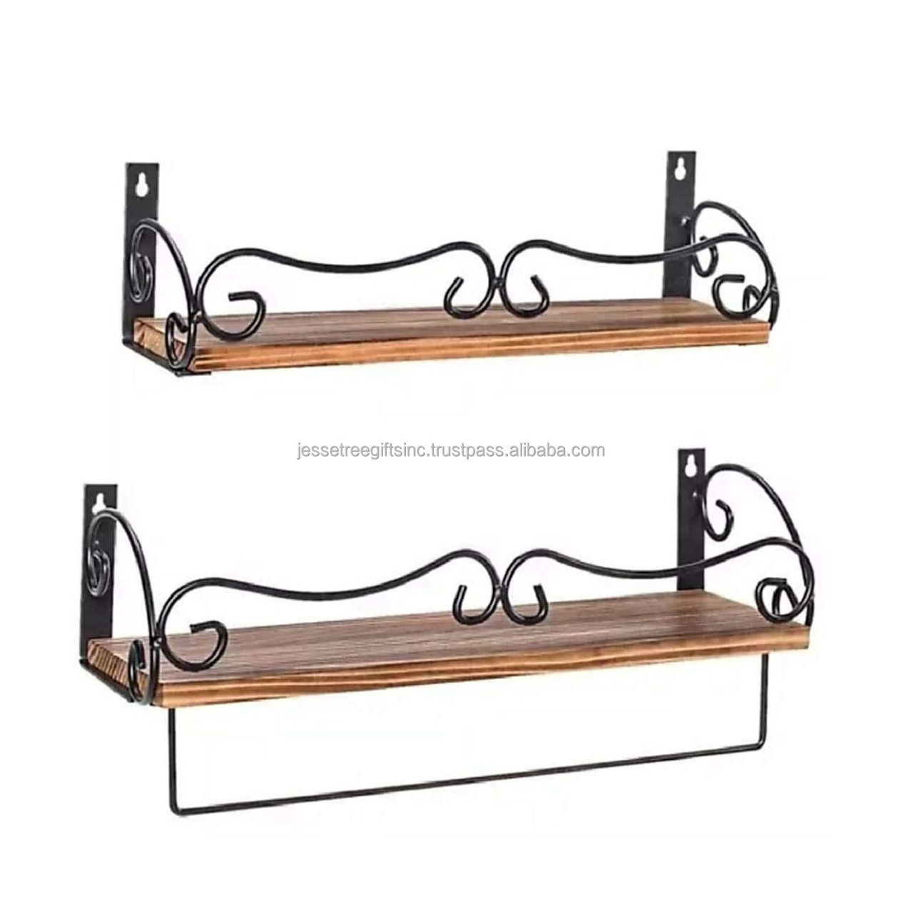 Modern Wood & Iron Wire Wall Mounted Shelf With Black Powder Coating & Wood Polish Finishing Scroll Design For Storage Set Of 2