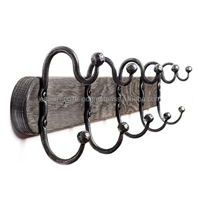 Iron Wire & Wood Wall Mounted Hook With Black Powder Coating Finishing Unique Design Rectangle Shape For Home Decoration