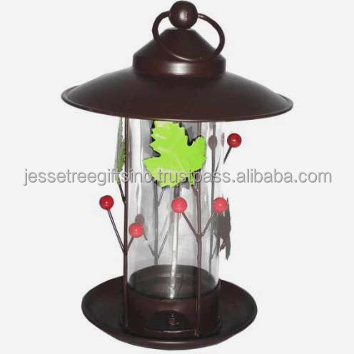 Metal & Glass Decorative Hanging Bird Feeder With Antique Copper Finishing Round Shape Premium Quality For Garden Decoration