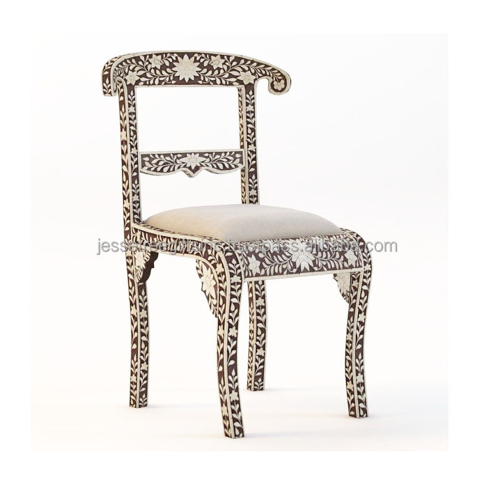 Bone Inlay Resin Ottoman Chair Black With Floral Design Excellent Quality With Cotton Top For Living Room Set Of 2