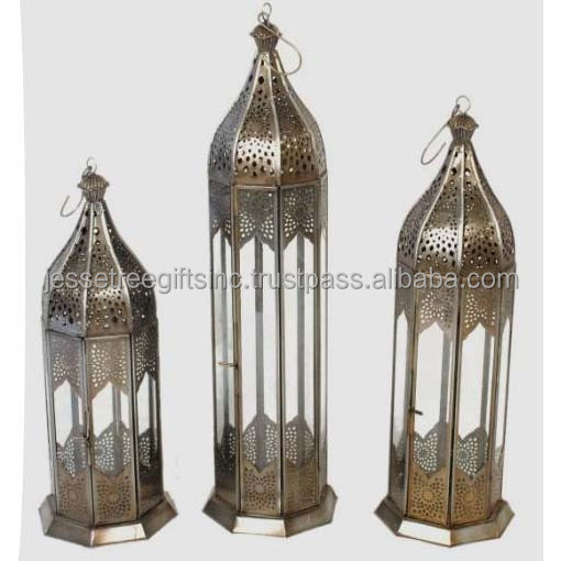 Metal Sheet Moroccan Hanging Lantern Set Of Three With Steel Polish Finishing Square Shape Flower Design For Home Decoration