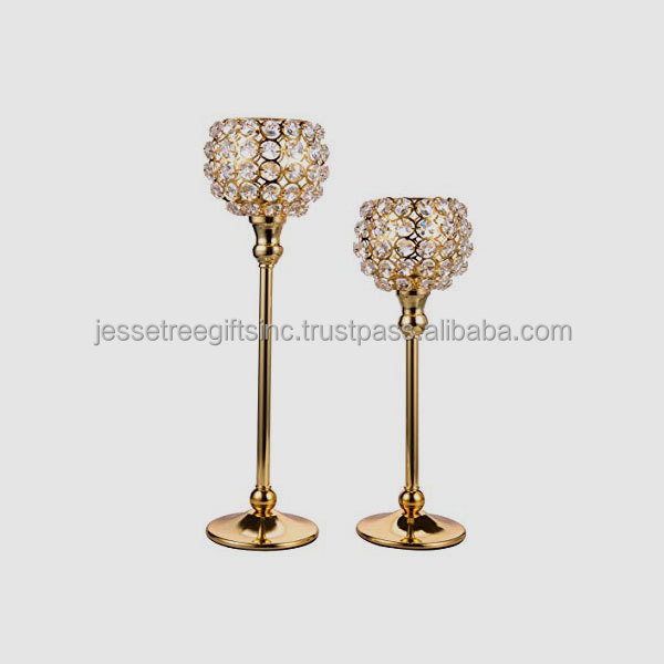 Metal Wedding Candle Stand Set Of Two With Gold Plating Finishing Round Shape Crystal Beads Design For Home Decoration