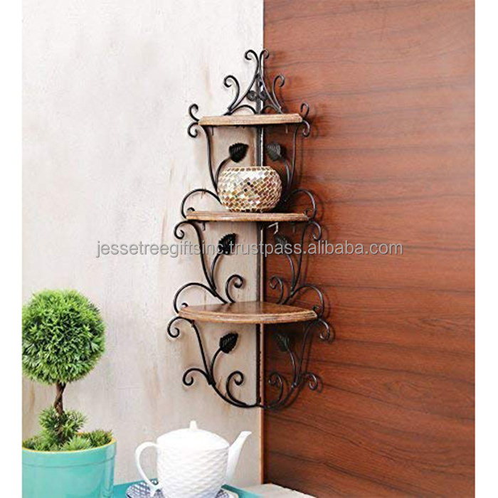 Stylish Metal Wire Wall Mounted Corner Shelf With Black Powder Coating Finishing Leaves Design Three Wooden Tiers For Storage