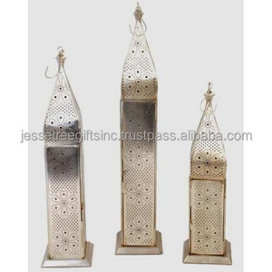 Metal Sheet Moroccan Hanging Lantern Set Of Three With Steel Polish Finishing Square Shape Flower Design For Home Decoration