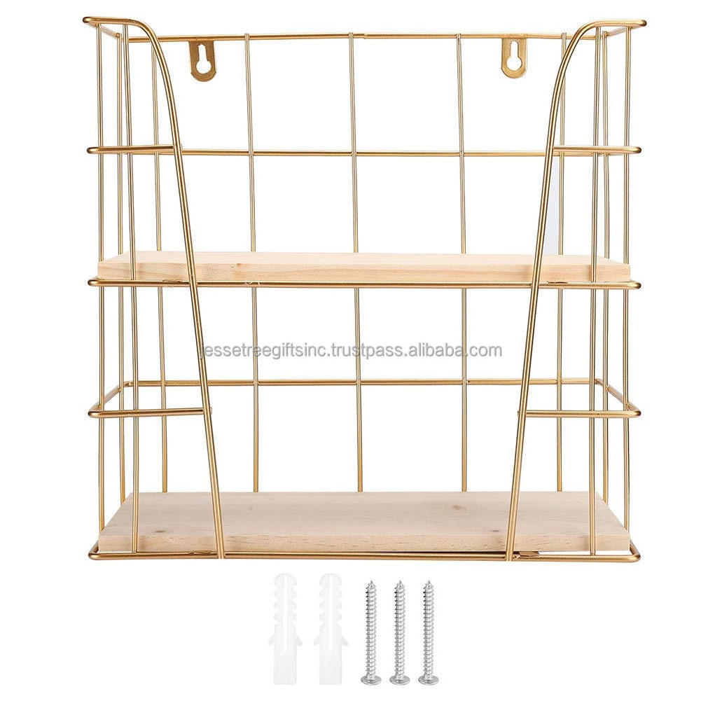 Metal Wire Wall Hanging Rack With Gold Powder Coating Finishing Square Shape Good Quality With Two Wooden Tier For Storage