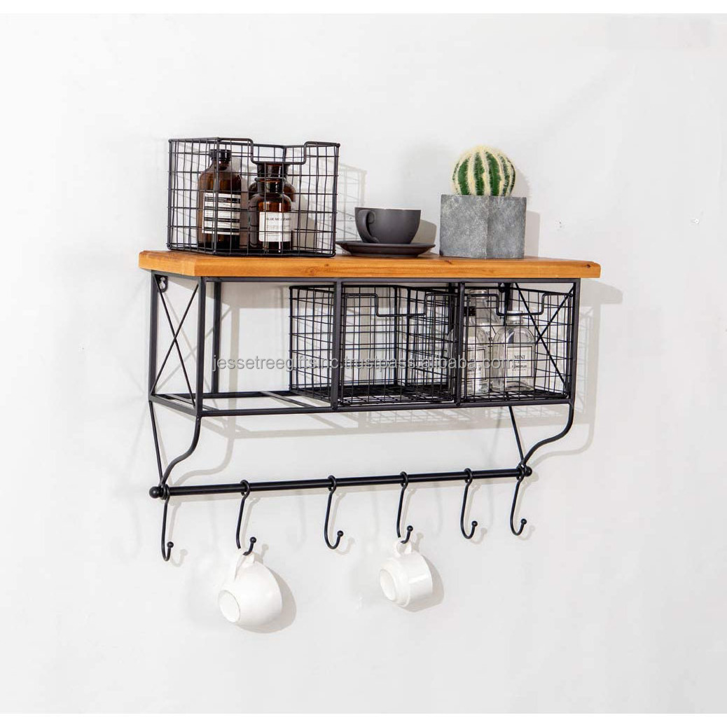 Metal Wire Wall Hanging Shelf With Hooks Black Powder Coating Finishing Rectangle Shape Best Quality Wooden Top For Storage