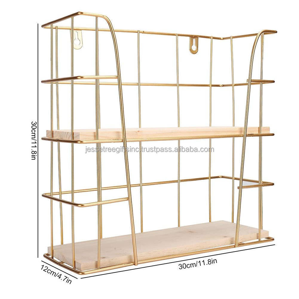 Metal Wire Wall Hanging Rack With Gold Powder Coating Finishing Square Shape Good Quality With Two Wooden Tier For Storage