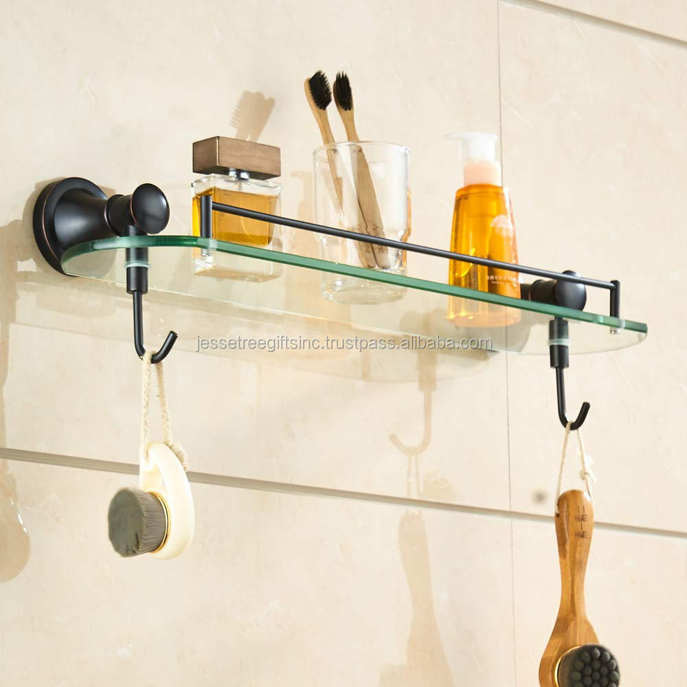 24 Inch Glass Shelf With Rail & Hooks For Bathroom - Oil Rubbed Bronze Rectangular Shower Shelf Wall Mounted