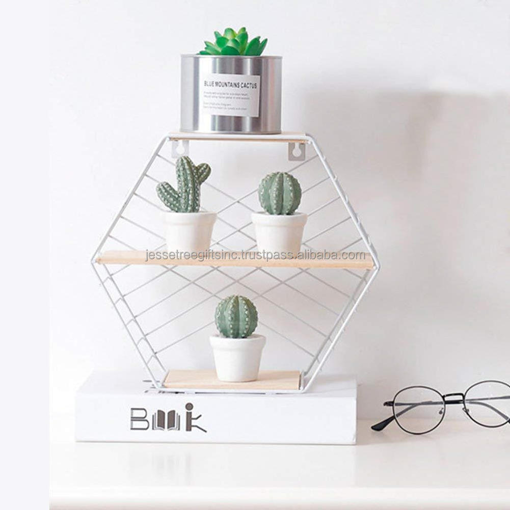 Metal Wire Wall Shelf Three Wooden Tiers With Black Powder Coating Finishing Hexagonal Shape High Quality For Storage