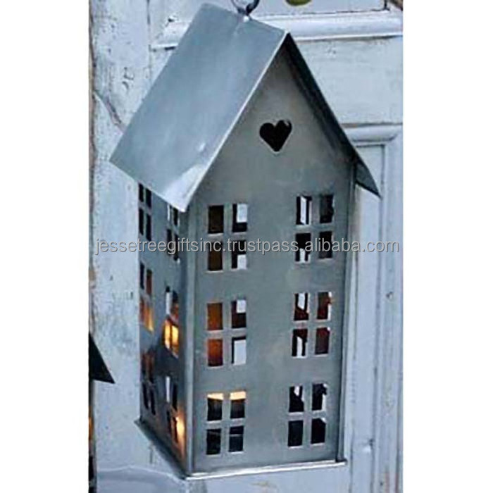 Metal Sheet Hanging Candle Lantern With Gray Powder Coating Finishing Hut Shape Heart Design Best Quality For Home Decoration