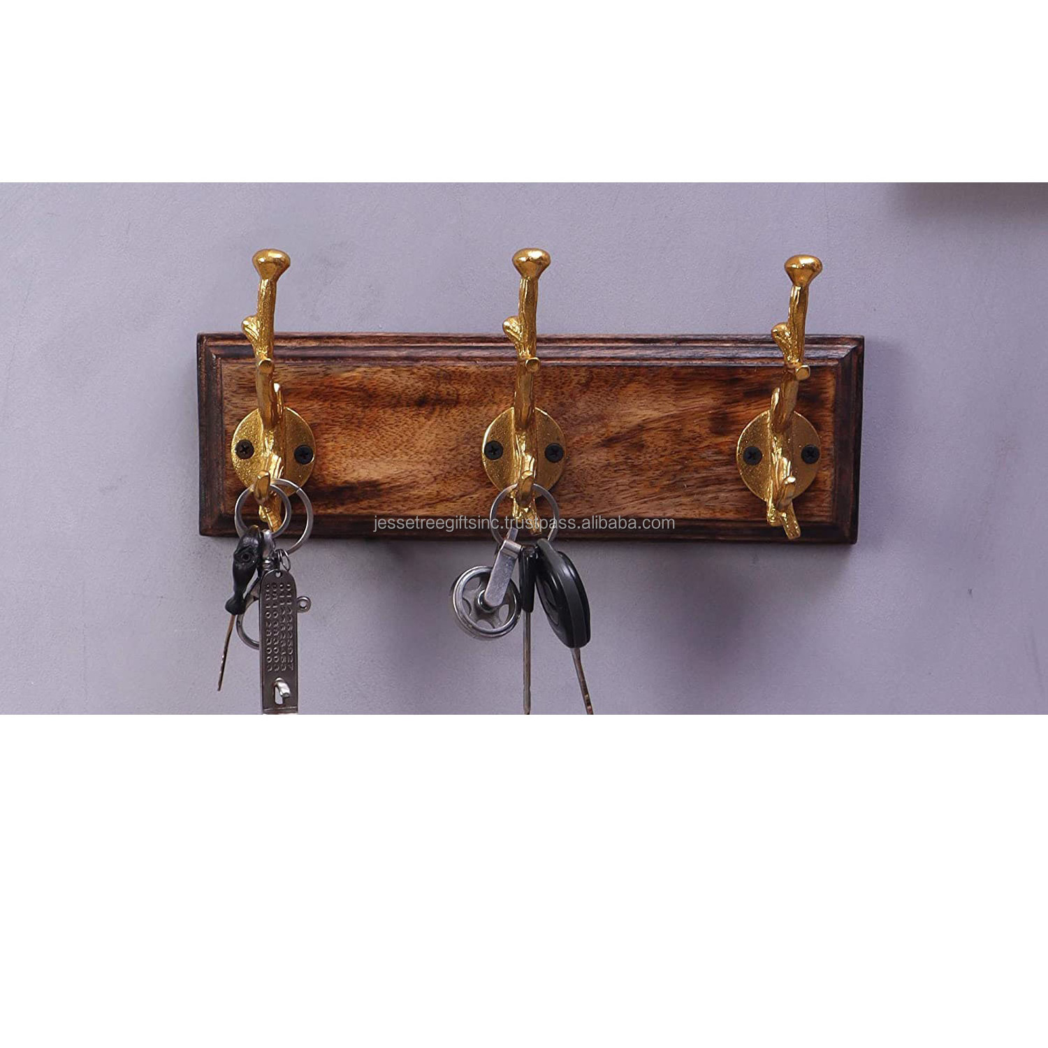 Wood & Iron Wall Mounted Hook With Natural Wood & Gold Plating Finishing Decorative Hanger Good Quality For Home Decoration