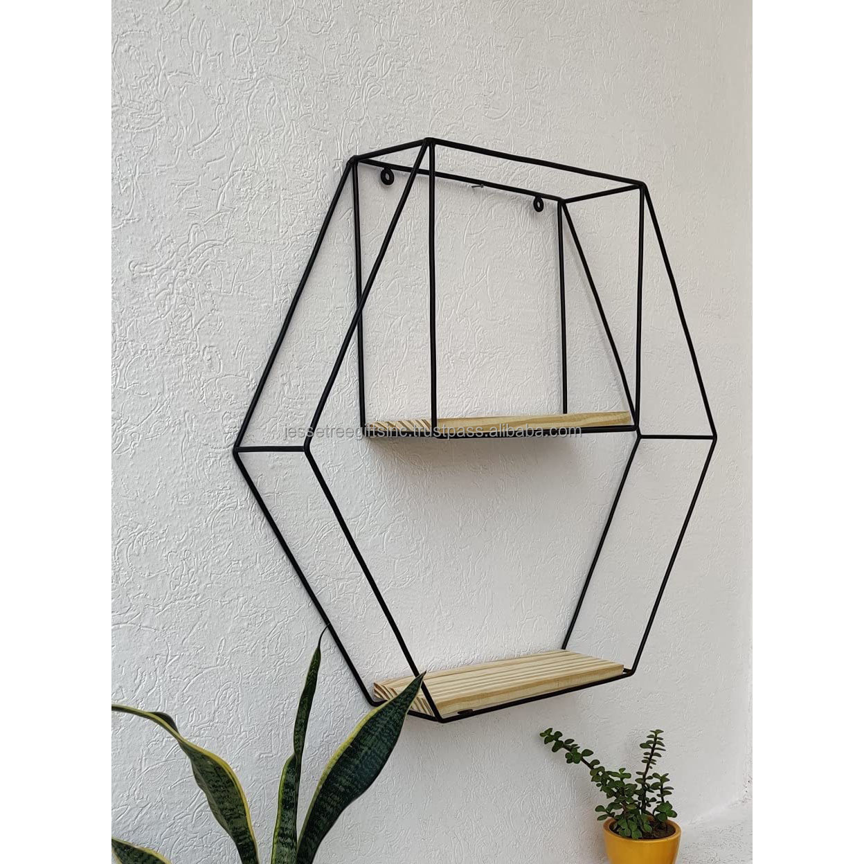 Metal Wire Wall Shelf Three Wooden Tiers With Black Powder Coating Finishing Hexagonal Shape High Quality For Storage