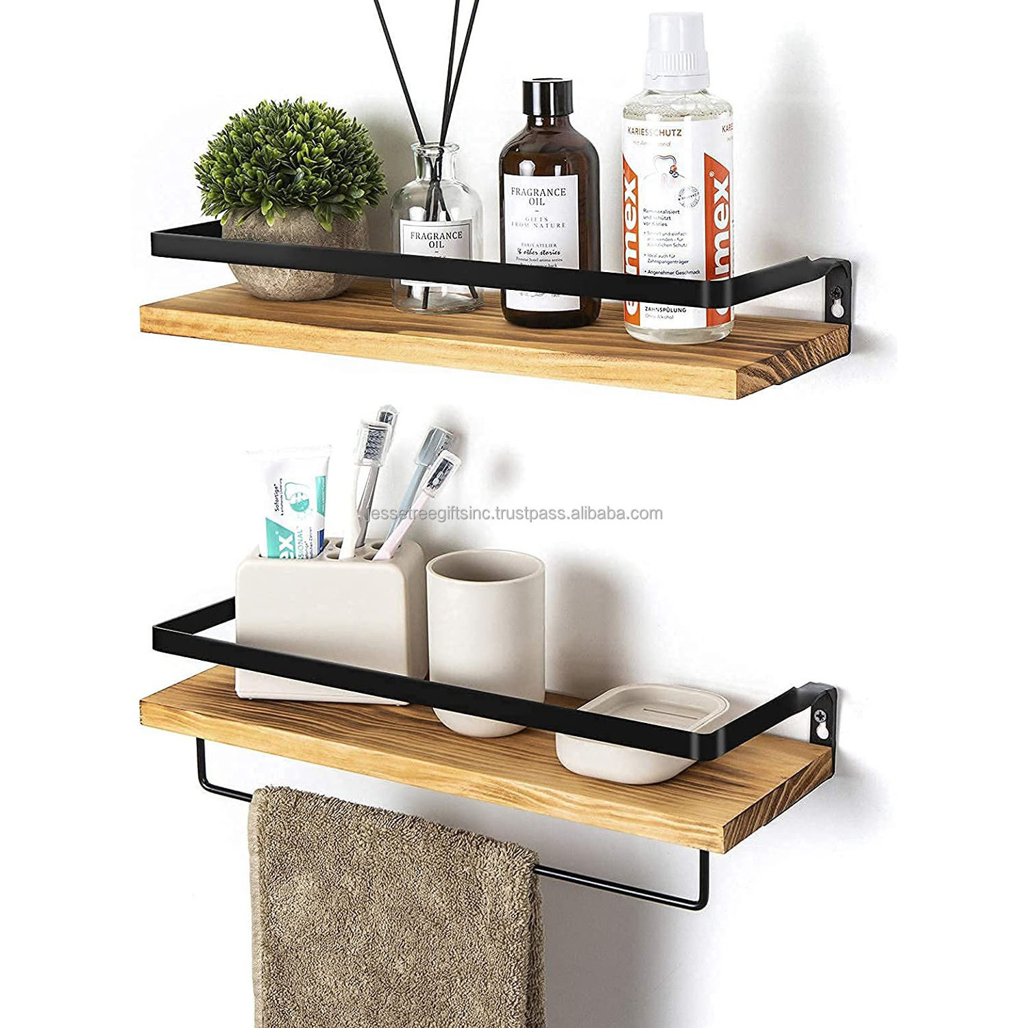 Modern Wood & Iron Wire Wall Mounted Shelf With Black Powder Coating & Wood Polish Finishing Scroll Design For Storage Set Of 2