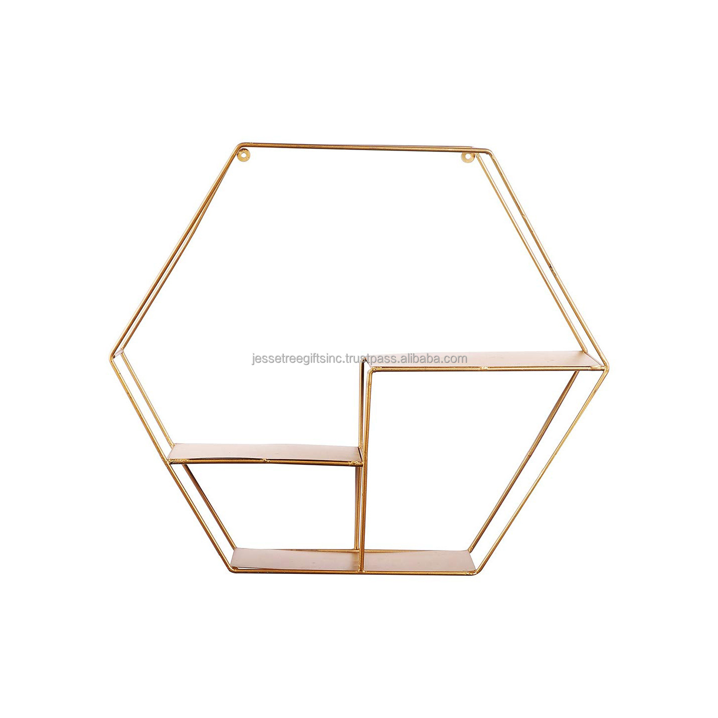 Metal Wire & Sheet Wall Shelf With Gold Powder Coating Finishing Hexagonal Shape Excellent Quality Three Tier For Storage