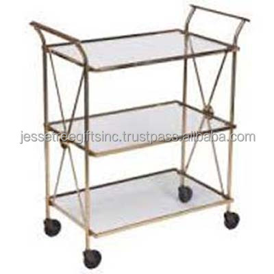 Metal Three Wheels Bar Cart With Gold Plating Finishing Oval Shape Genuine Quality Black Glass Two Tier For Serving