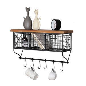 Metal Wire Wall Hanging Shelf With Hooks Black Powder Coating Finishing Rectangle Shape Best Quality Wooden Top For Storage