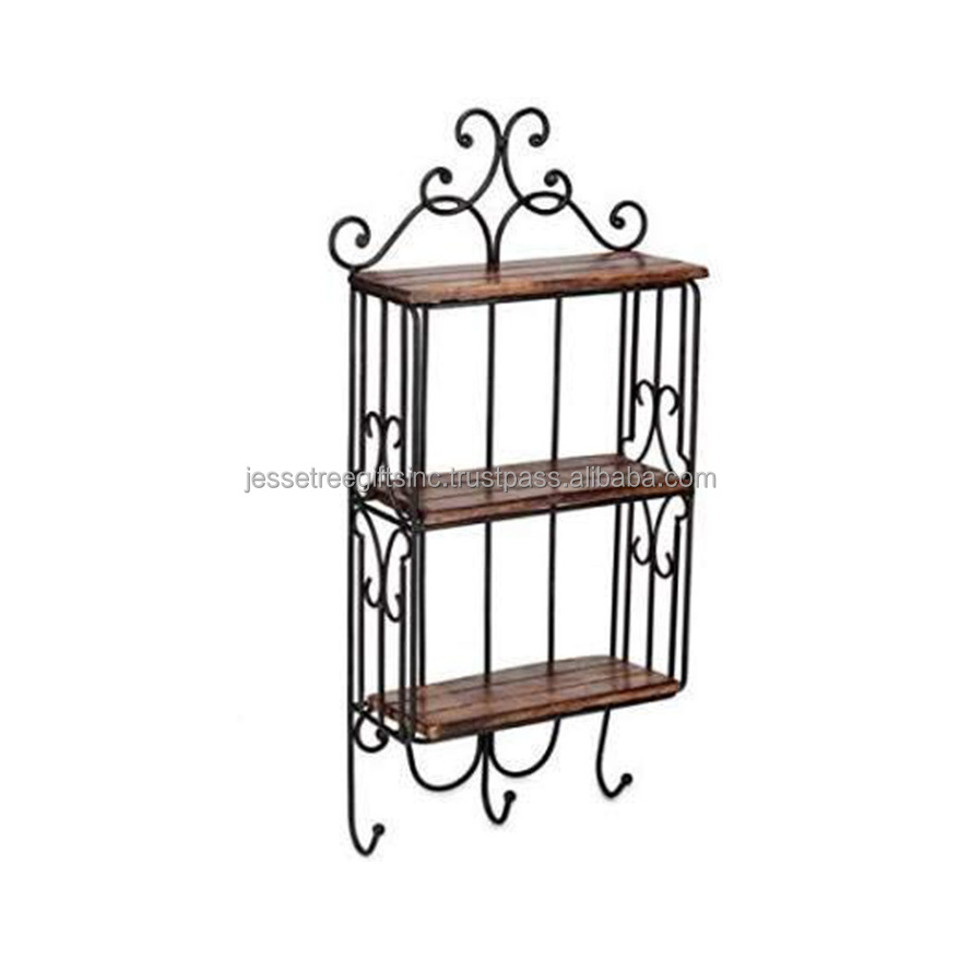 Stylish Metal Wire Wall Mounted Corner Shelf With Black Powder Coating Finishing Leaves Design Three Wooden Tiers For Storage