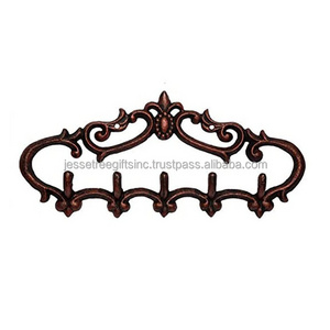 New Cast Iron Wall Mounted Hook With Brown Powder Coating Finishing Floral Embossed Design High Quality For Home Decoration