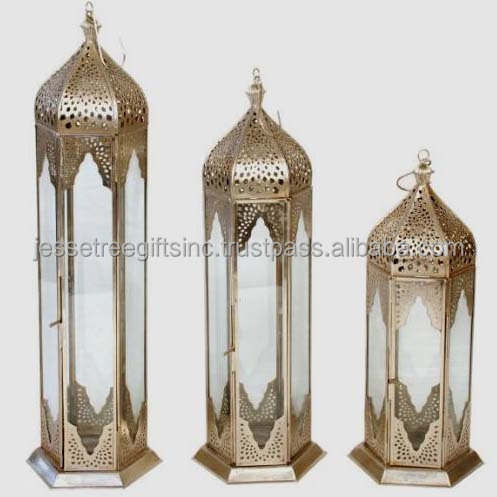 Metal Sheet Moroccan Hanging Lantern Set Of Three With Steel Polish Finishing Square Shape Flower Design For Home Decoration